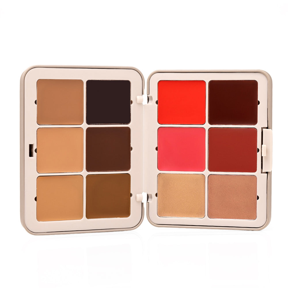 Palladio Multi Face Palette MFP02 Tan to Deep open to reveal all 12 cream shades, including six Base + Sculpt shades, four blushes, and two highlighters.