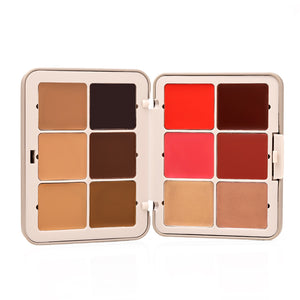 Palladio Multi Face Palette MFP02 Tan to Deep open to reveal all 12 cream shades, including six Base + Sculpt shades, four blushes, and two highlighters.