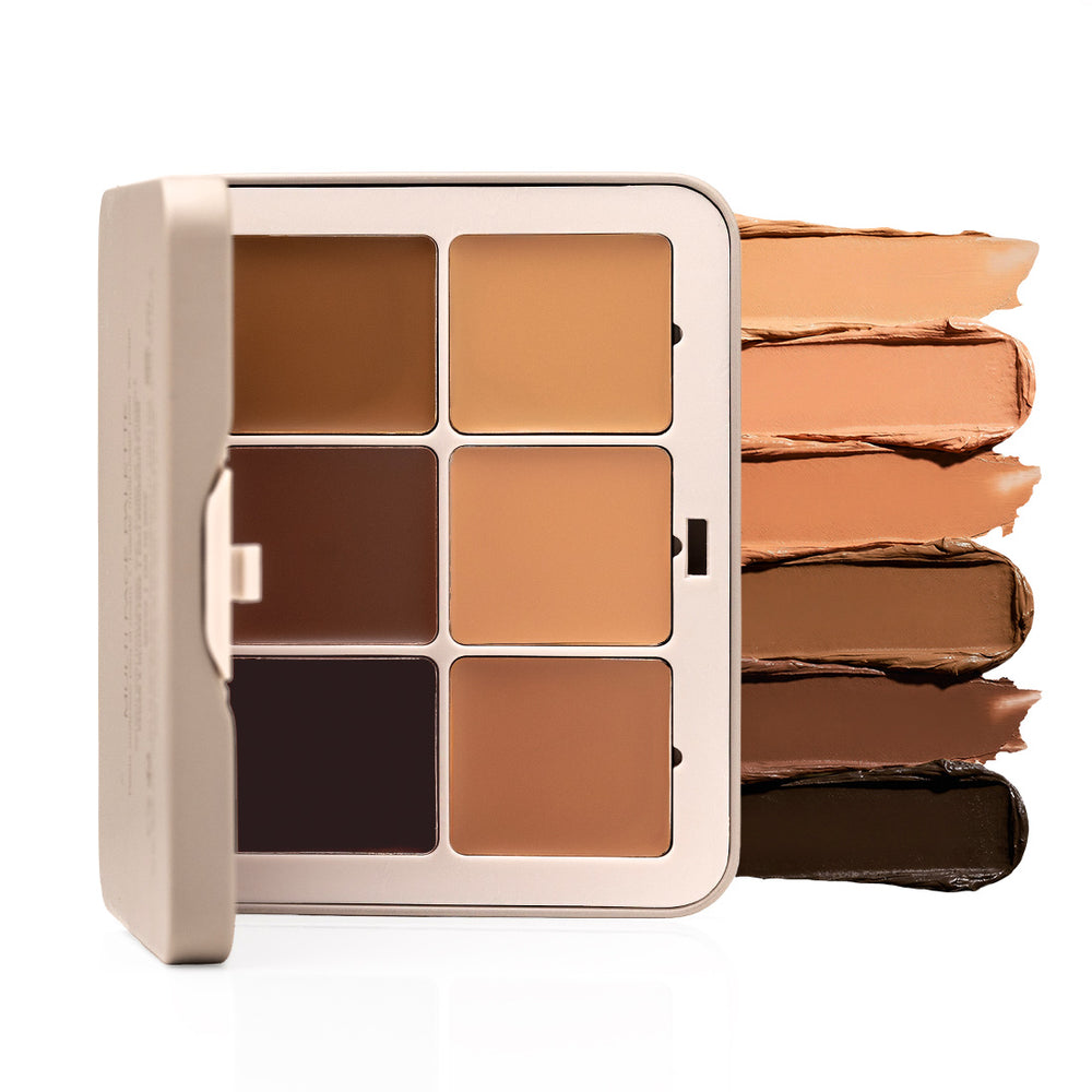 Palladio Multi Face Palette MFP02 Tan to Deep Base + Sculpt shades with six cream contour swatches.