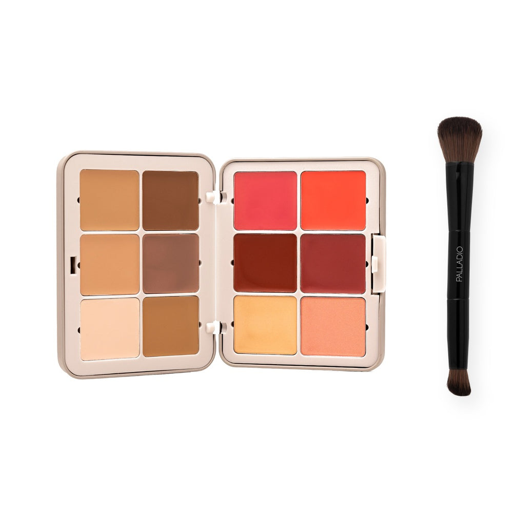 Palladio Multi Face Palette in Light to Medium, open, with the Dual Ended Brush resting across it