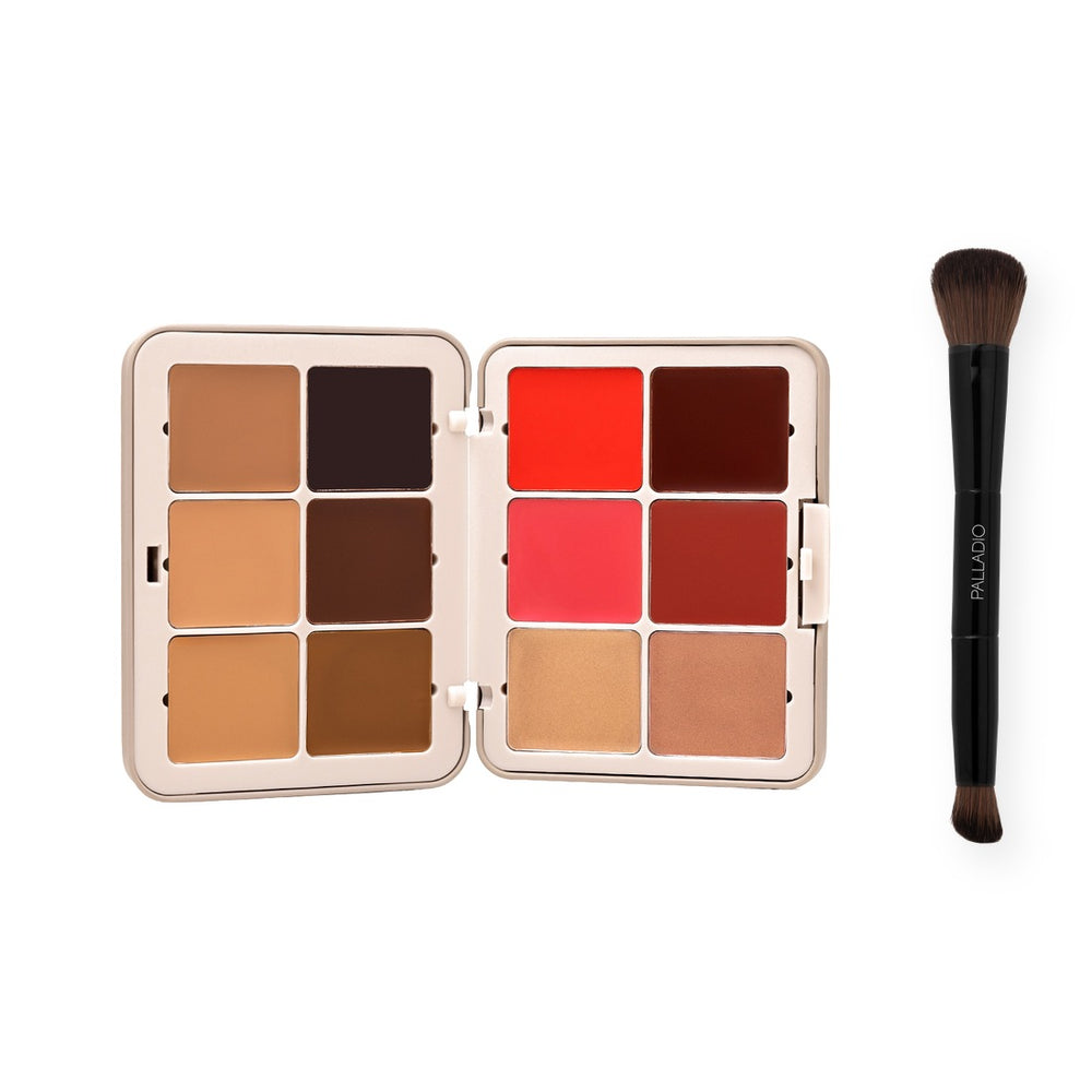 Palladio Multi Face Palette in Tan to Deep beside the Dual Ended Brush