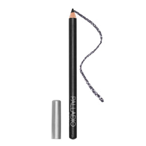 Eyeliner pencil with black casing and silver cap, showing a line of color on a white background. Brand 'Palladio' visible.